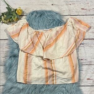 Amanda Uprichard Orange Metallic Striped Ruffle Off Shoulder Blouse